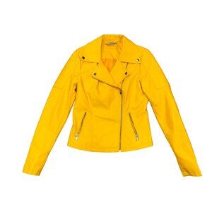 Noisy May Yellow Faux Leather Moto Jacket Asymmetrical Zip Silver Hardware